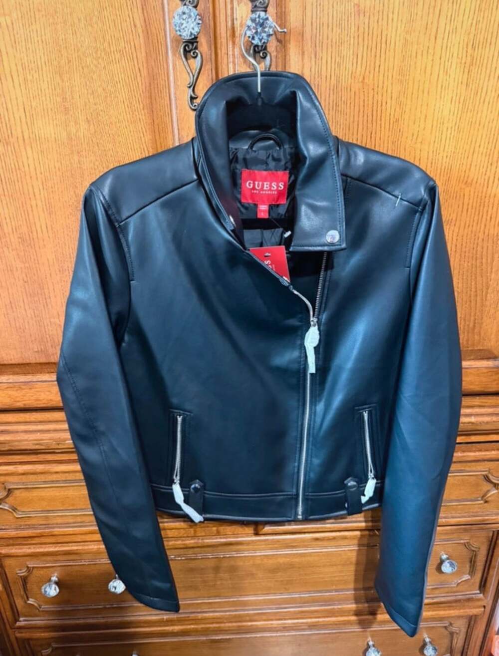 L Guess Los Angeles Black Faux Leather Moto Jacket